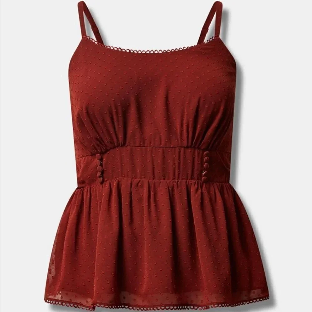 Torrid - Peplum Clip Dot Shirred Bust Lace Trim Top in Brick Red​​​​​​​​​ - Picture 12 of 12